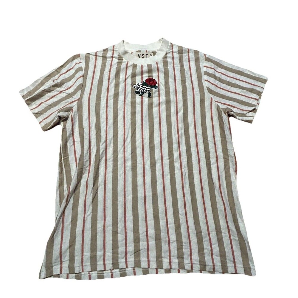 VSTR Premium Striped Shirt Men’s M Skeleton Hand Rose Embroidery Retro